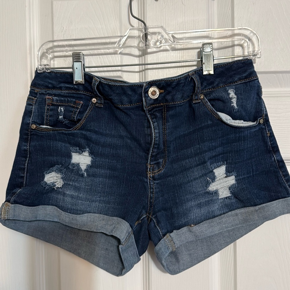 WAX JEAN Shorts Distressed Dark Wash Cuffed Mid Rise Stretch Denim Size Large